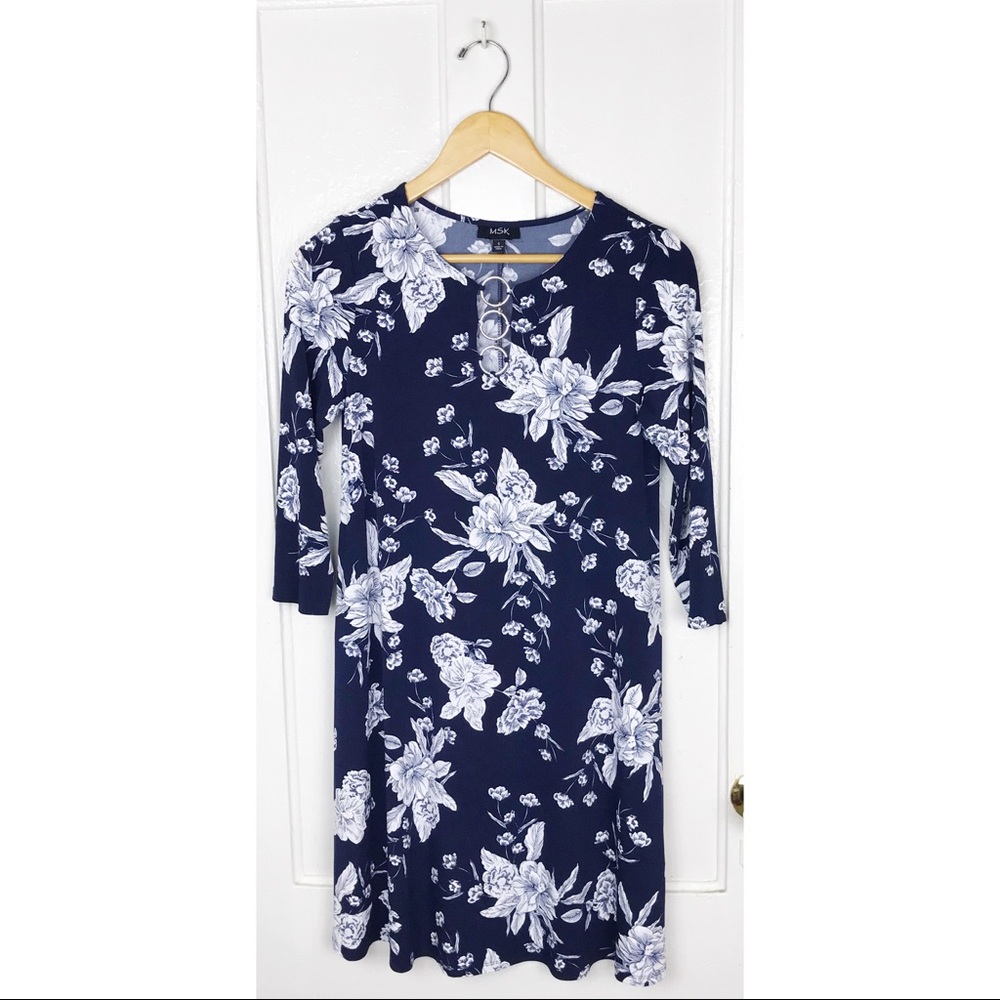 VINTAGE : MSK : size S : Y2K 2000s floral blue 3 ring shift mini summer dress